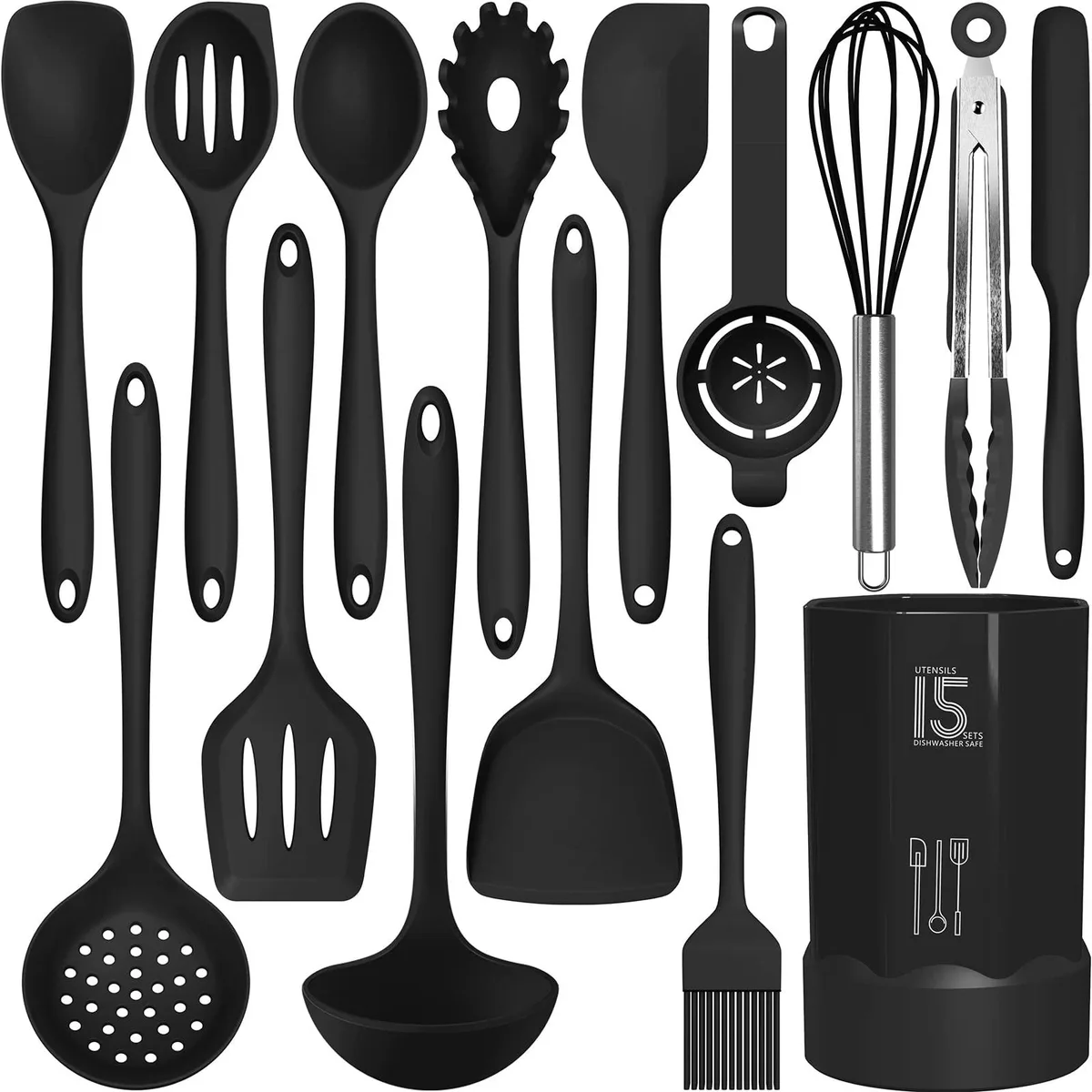 Black silicone cooking utensil set in rectangular holder, 13 pieces