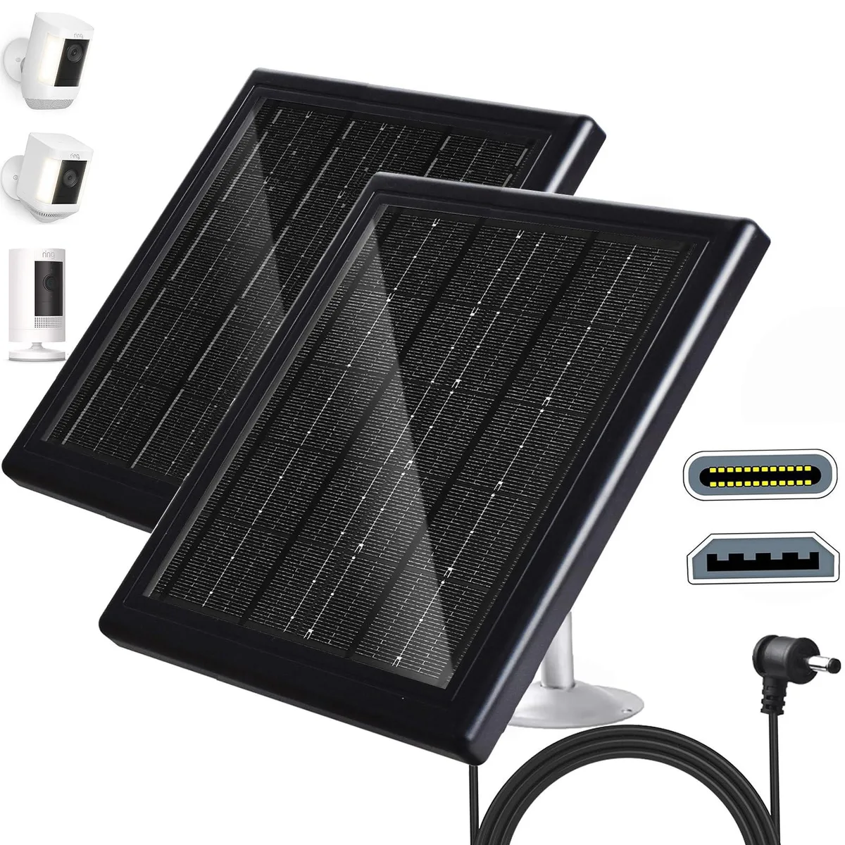 Two black rectangular solar panels with adjustable brackets and long cables