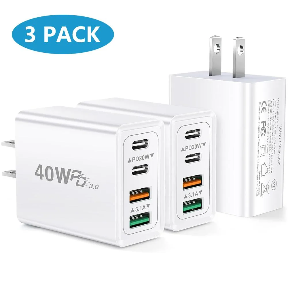AUTYUE AUTYUE 3-pack 4-port USB-C PD 3.0 QC 3.0 40W wall charger white — product photo