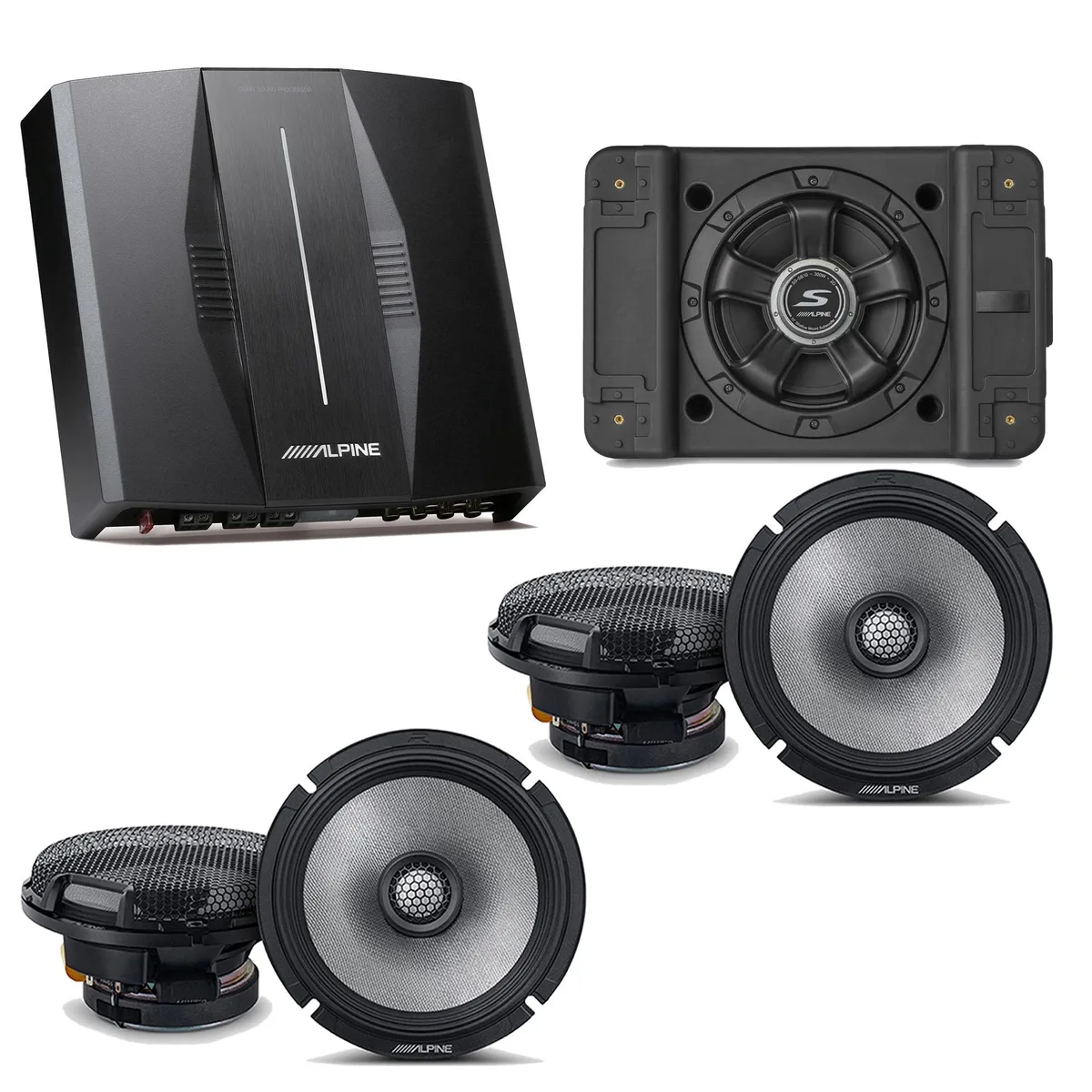 Alpine Alpine PXE-C80-88 OPTIM8 bundle: SS-SB12 12" subwoofer, 2× R2-S65 6.5" speakers — product photo
