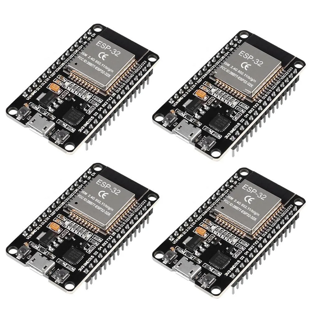 Four ESP32 development boards with micro USB ports and metal shields