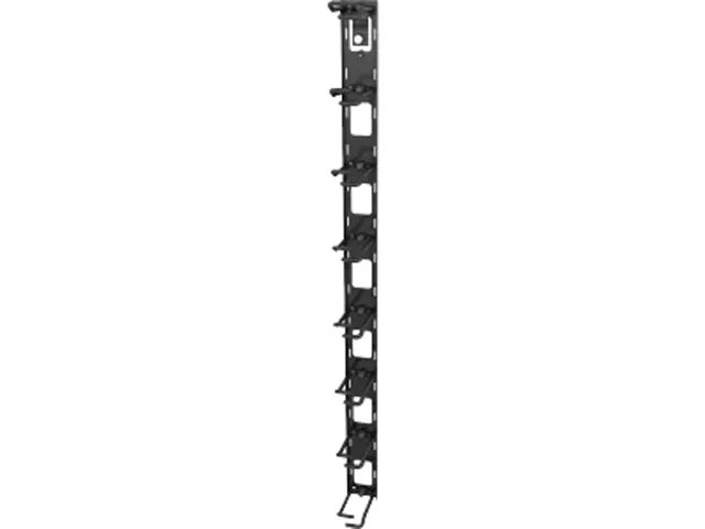 Two black vertical cable organisers with eight rings each