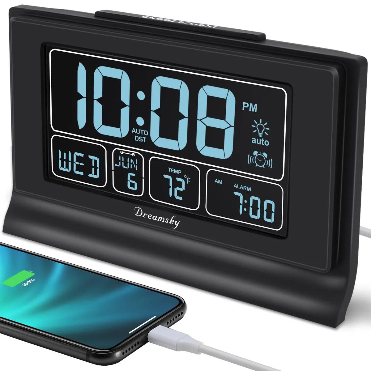 Black rectangular digital clock with large LCD display showing time date and temperature