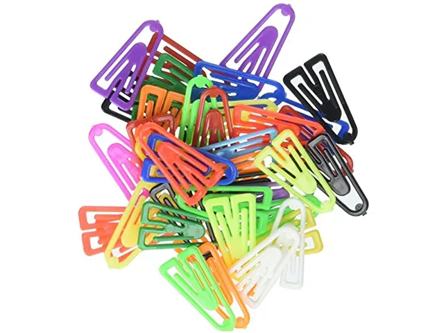 Clear plastic box holding one thousand small binder clips in assorted colours