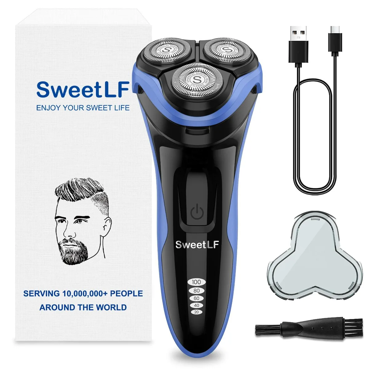 Black and blue rotary shaver with three circular heads and pop-up trimmer