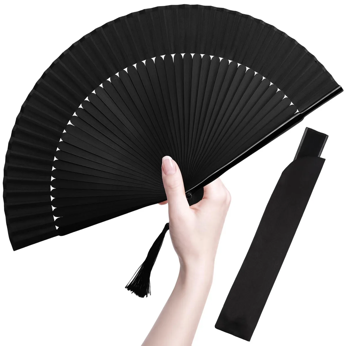 Black folding hand fan with bamboo frame and silk fabric, 8.3 inches folded, includes fabric case