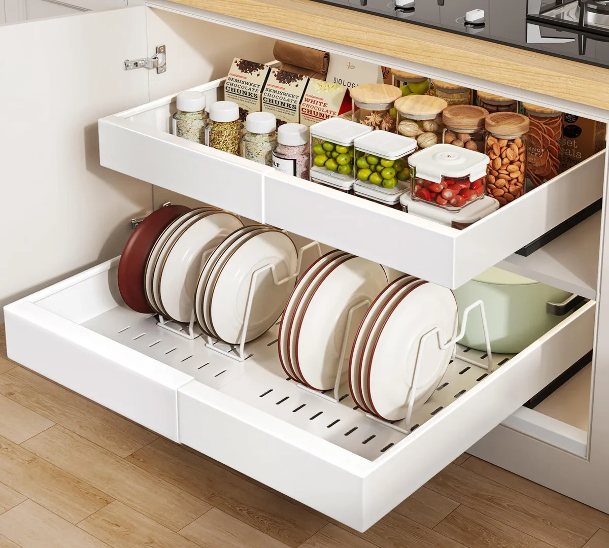 Two white expandable pull-out cabinet organizers with adjustable dividers and raising pads, 21 inches deep