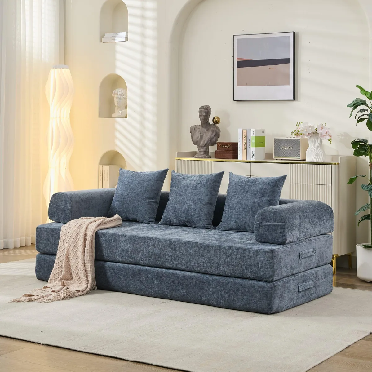 Blue chenille folding mattress couch with armrests, shown unfolded as a floor sofa bed