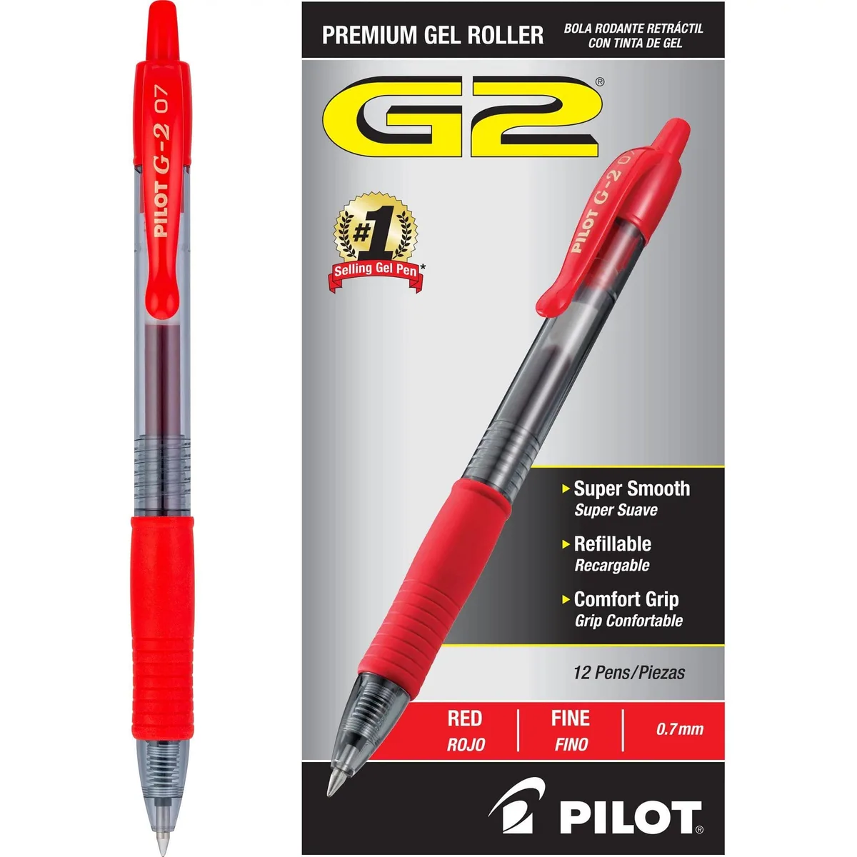  Pilot G2 Premium Gel Roller Pen, Fine Point 0.7 mm, Red, Pack of 12 — product photo