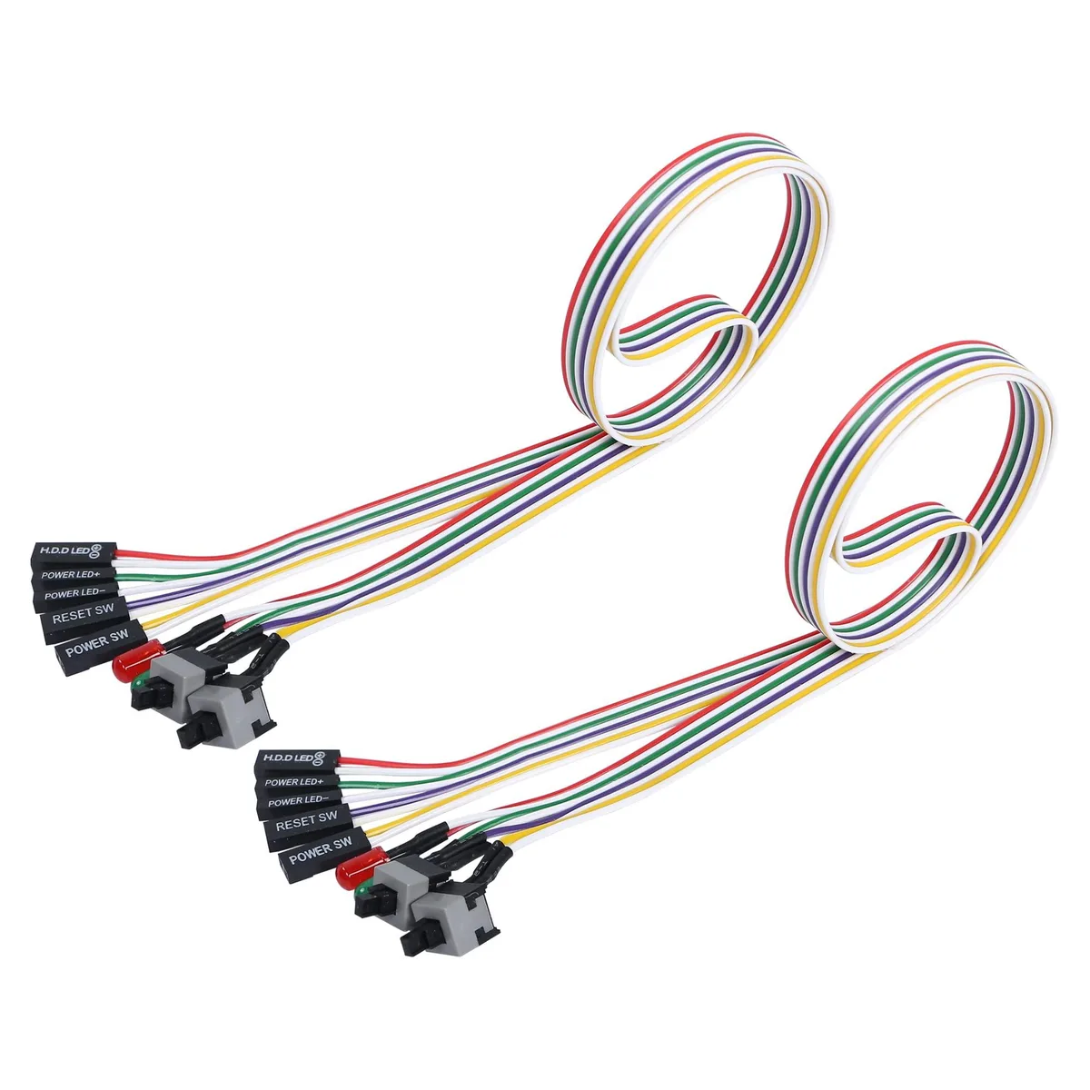 Two flat reset switch cables with red and green LEDs and momentary buttons, 65 cm wires, PVC insulation