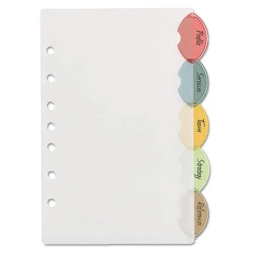 Five translucent plastic dividers with coloured flag tabs