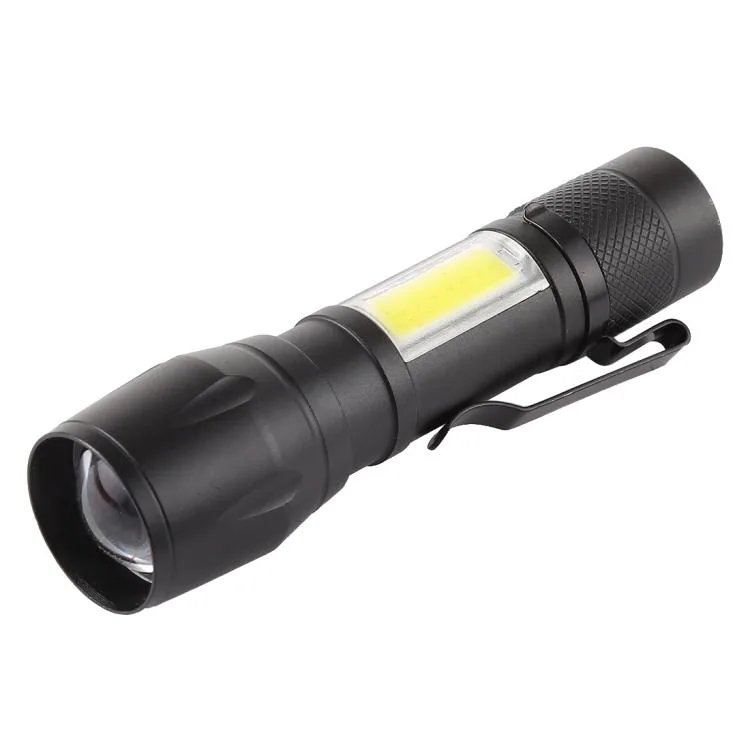 Compact black aluminium flashlight with side COB panel, clip and Micro USB port