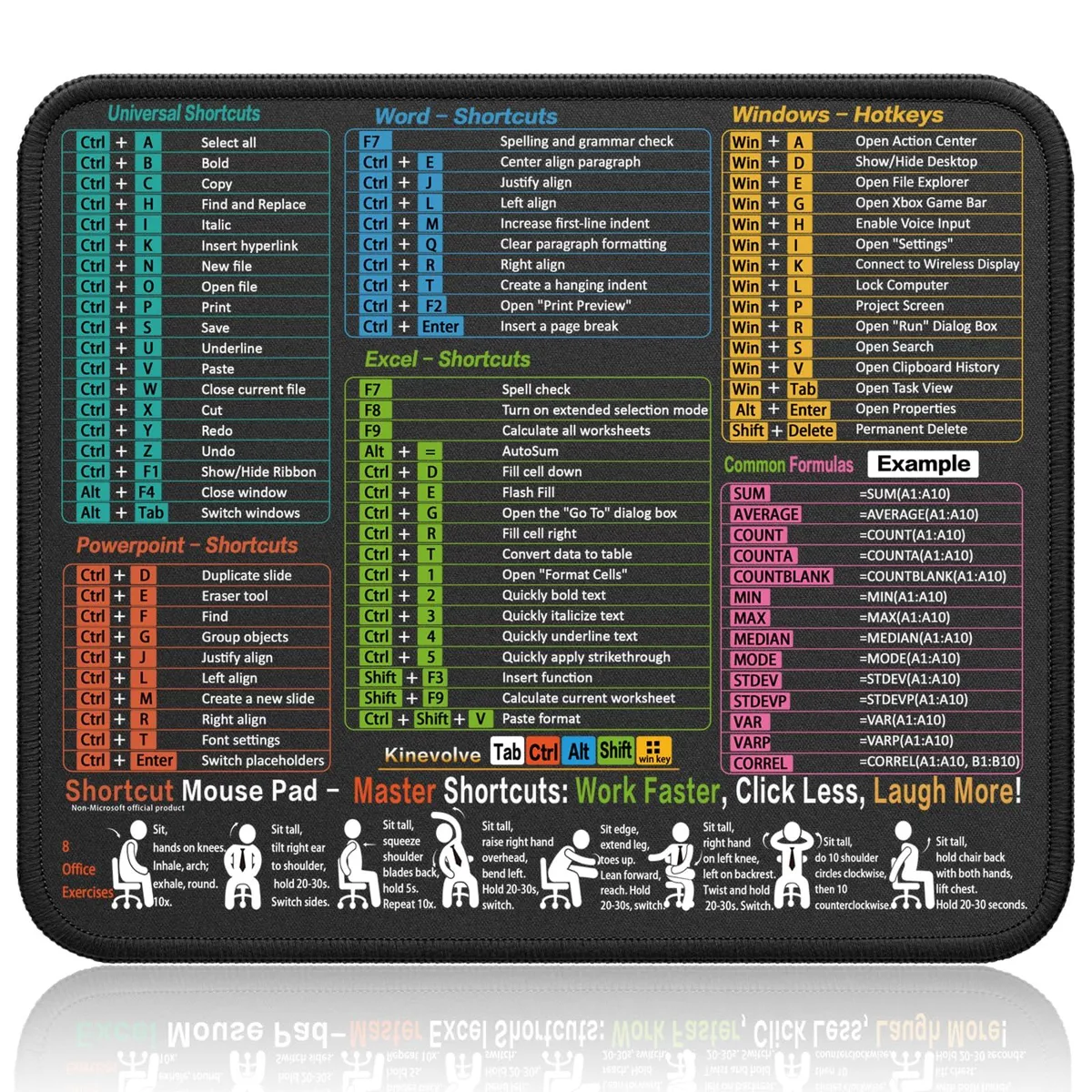 Black rectangular mouse pad 11.8 by 9.8 inches printed with Excel Word PowerPoint Windows shortcuts