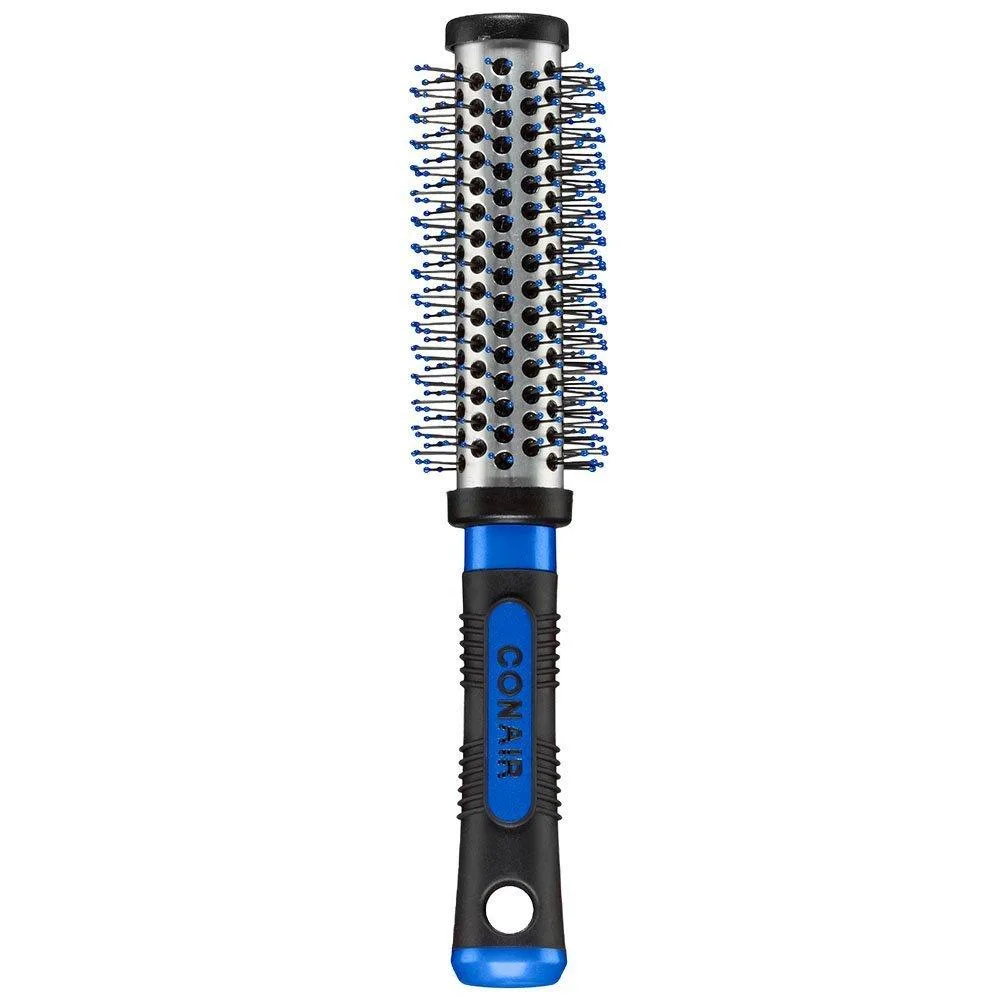 Round metal-barrel hairbrush with ball-tipped nylon bristles and grooved non-slip handle