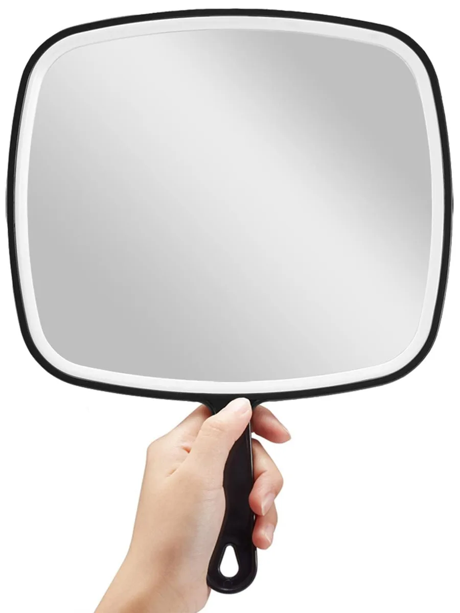Black rectangular hand mirror with handle, 12.4 by 9 inches