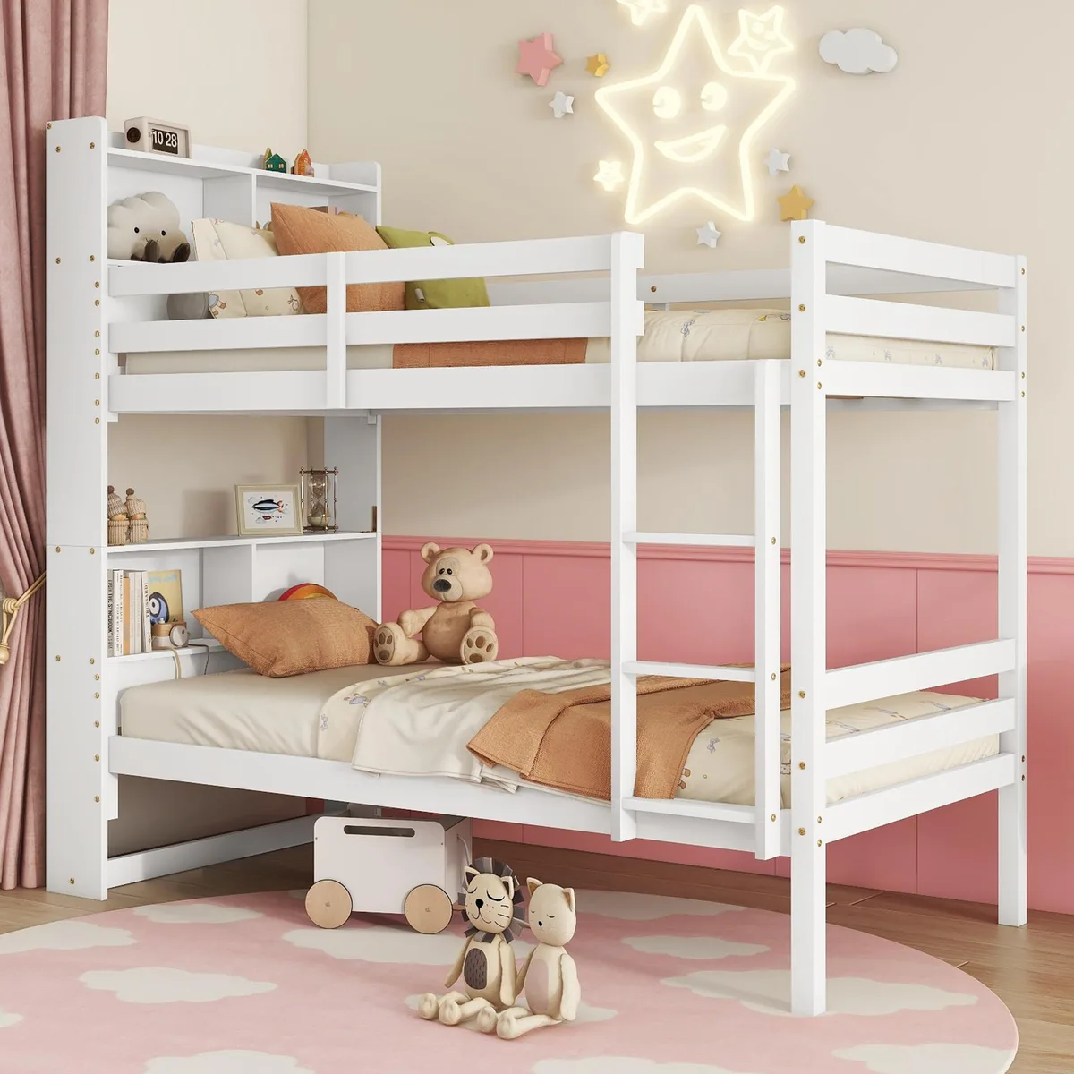 White rubber wood twin-over-twin bunk bed with shelved headboard, guardrails and ladder
