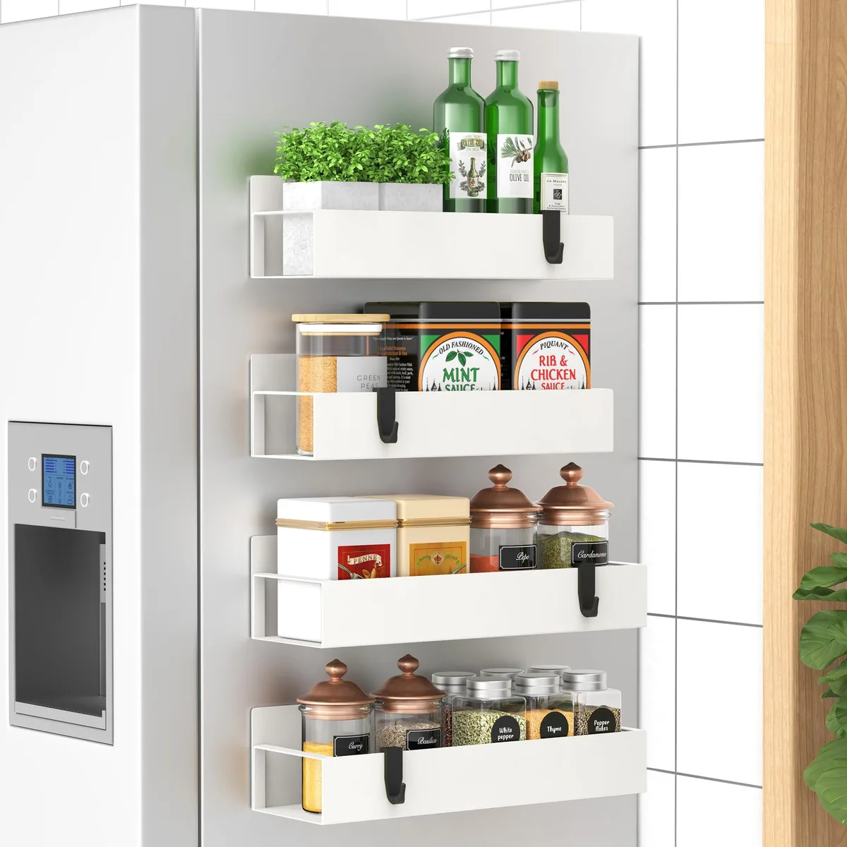 Four red plastic magnetic spice racks, 34-inch two-tier round design