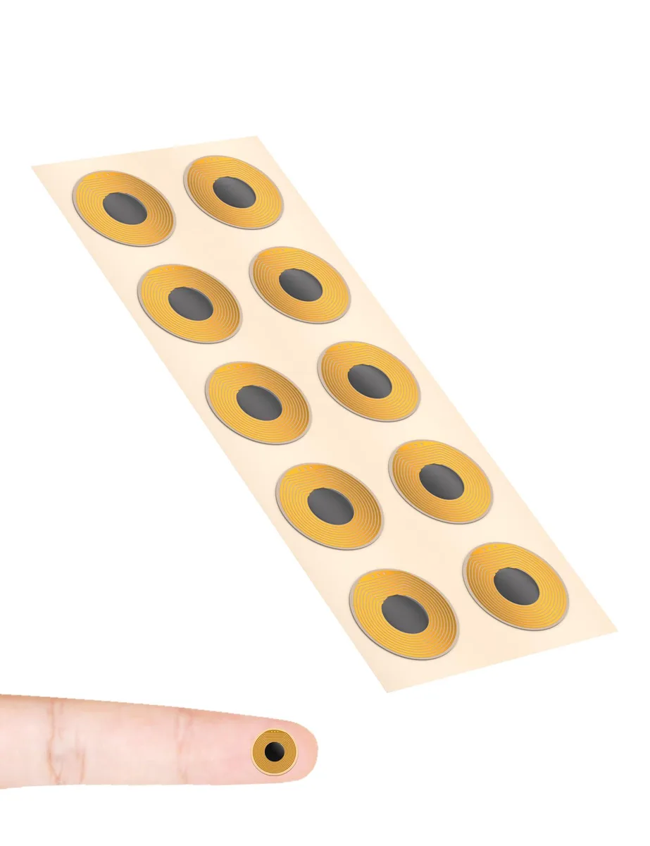Ten pink plastic NFC flag stickers on a sheet