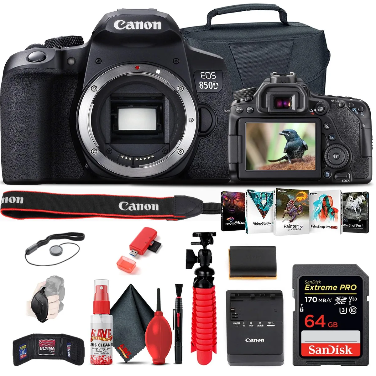 Canon Canon EOS 4000D DSLR camera with 18-55mm, 75-300mm, 64GB card, filters, bag, tripod — product photo
