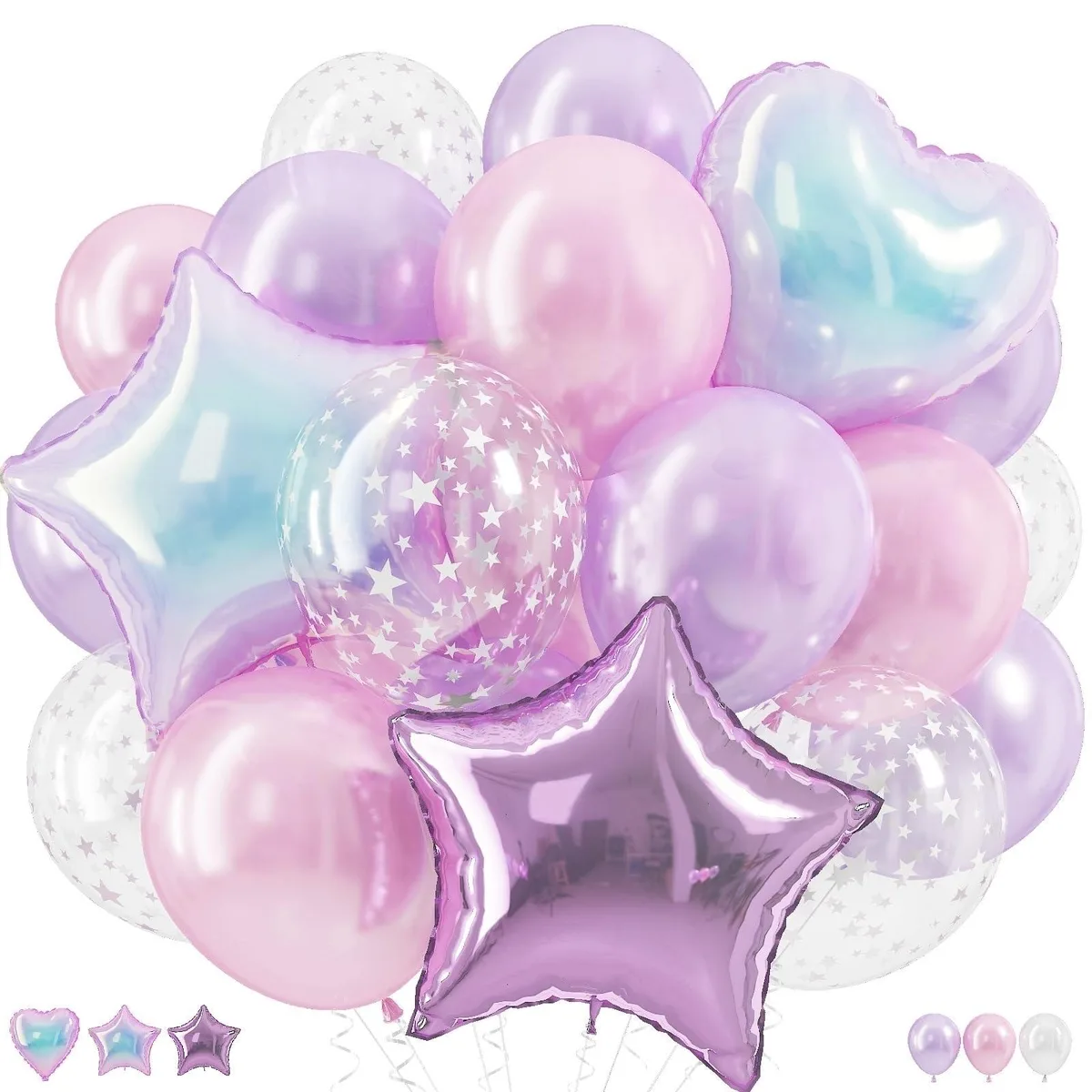 Assorted pink and purple latex and foil balloons in 12in and 18in sizes with ribbon