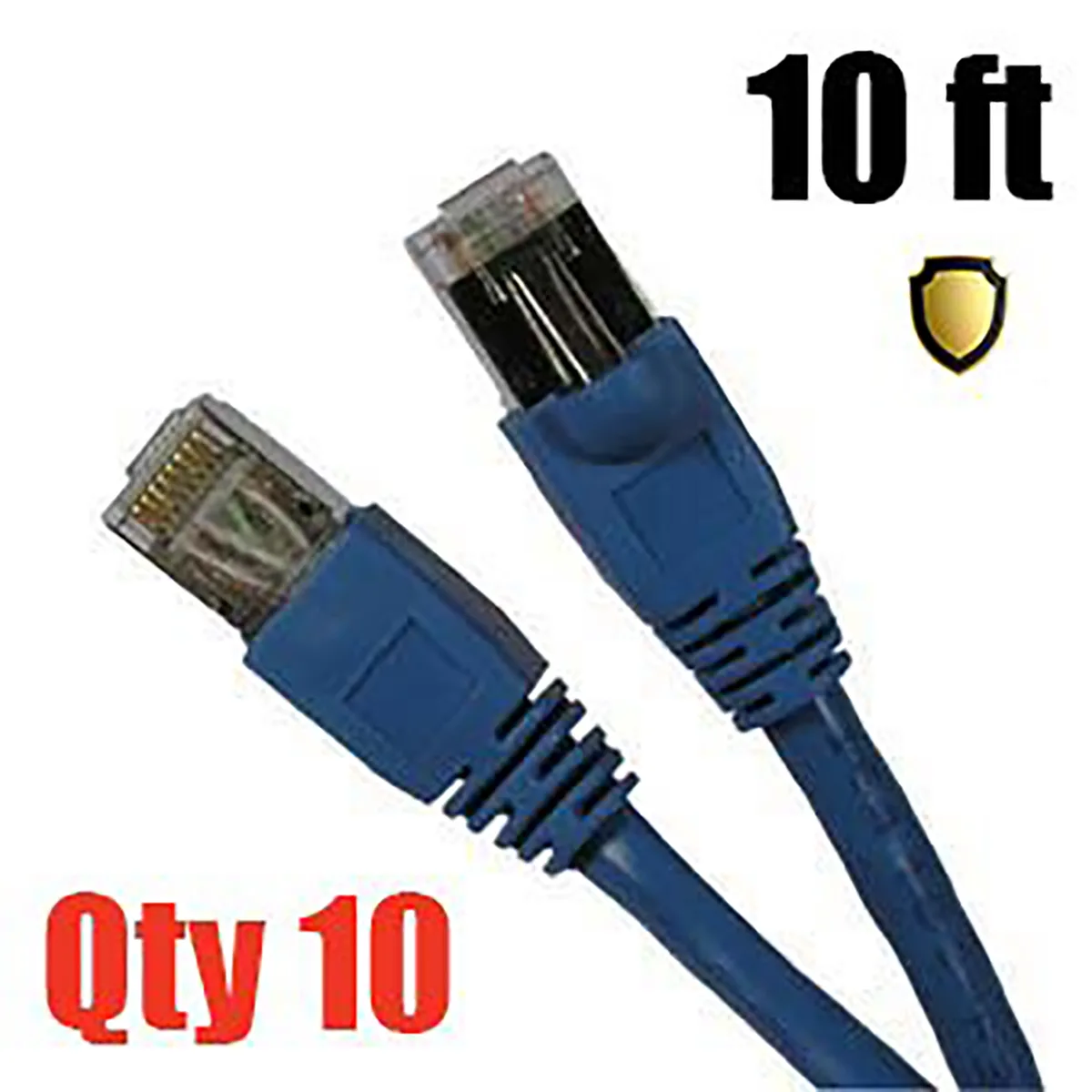 Ten blue shielded Cat6 patch cables with molded boots, ten feet each