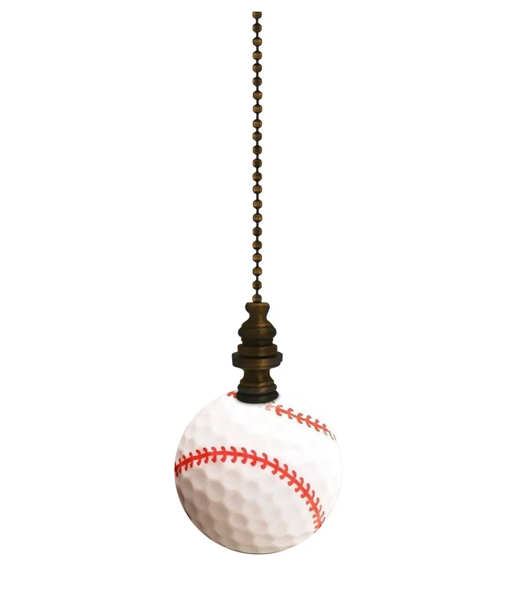 White baseball-shaped pull with red stitching on antiqued brass beaded chain
