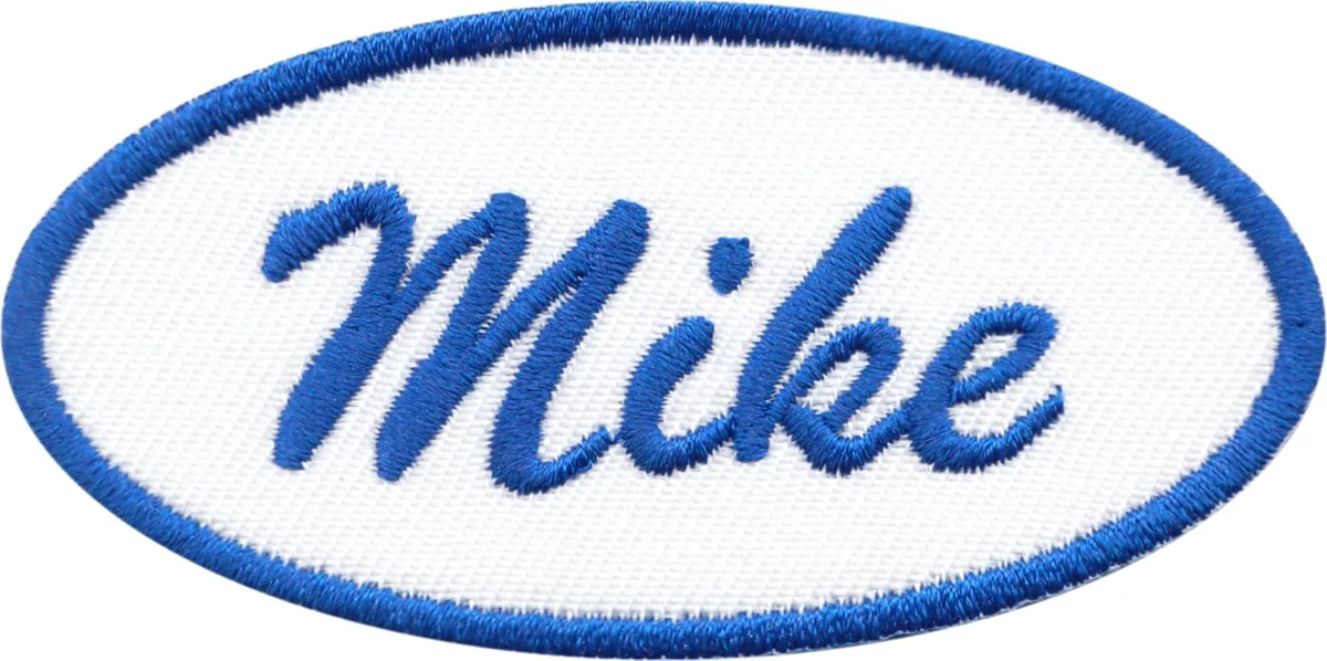 Oval embroidered patch with blue script "Mike" on white background, red border, sew-on or iron-on backing