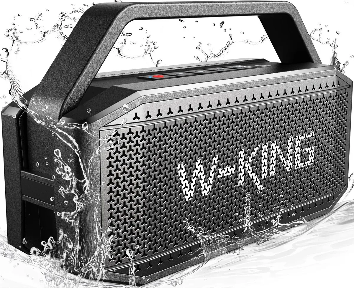 Black rectangular portable speaker with carry handle and passive radiator visible