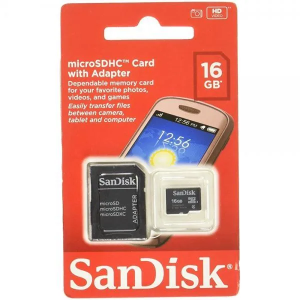 A small black microSDHC card with SanDisk branding, 16 GB capacity
