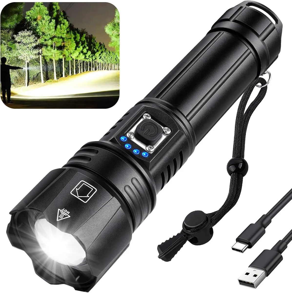 Cylindrical rechargeable flashlight with textured grip and power indicator lights