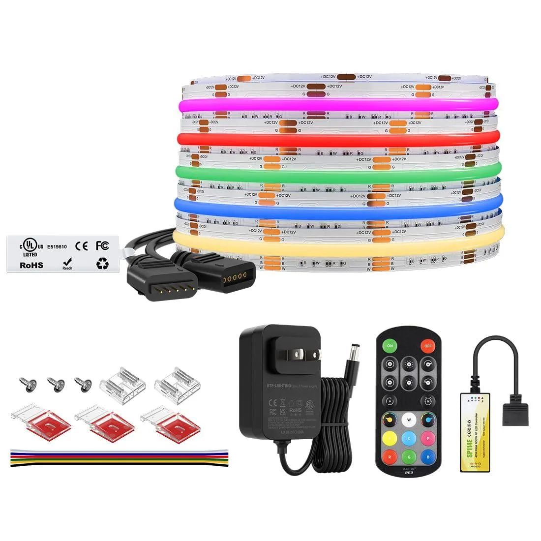  BTF-LIGHTING FCOB RGBW 3000K LED Strip Kit 16.4FT 12V 12mm IP30 — product photo