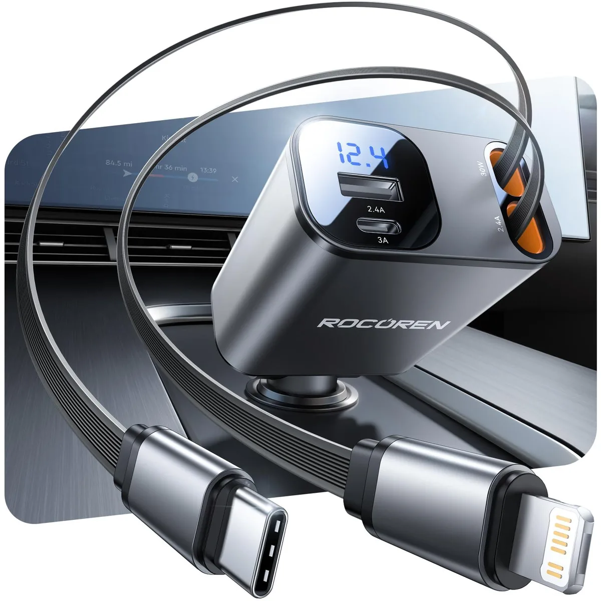 Rocoren RCCC-CL01 69W 4-in-1 Retractable USB-C Car Charger Black — product photo