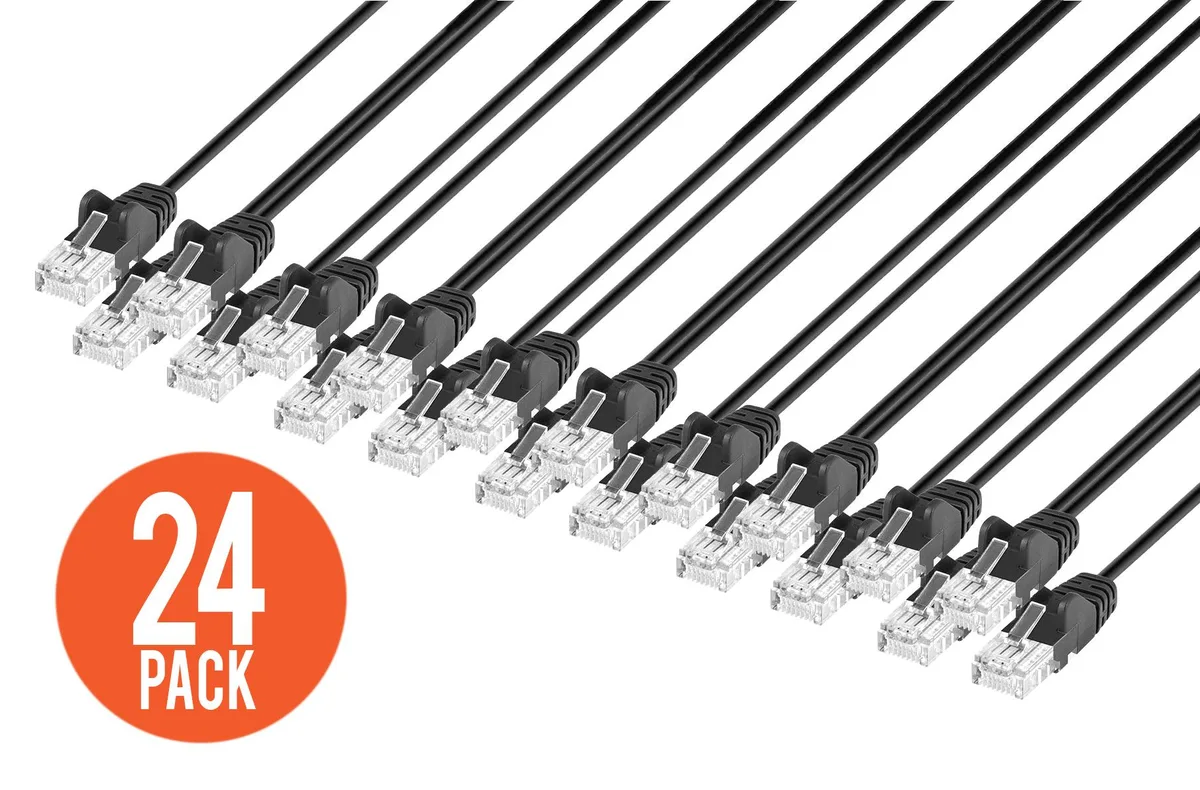 Intellinet Network Solutions Intellinet Cat6 U/UTP Slim Patch Cable 1.5 ft Black 24-Pack 10G 250 MHz 30 AWG — product photo