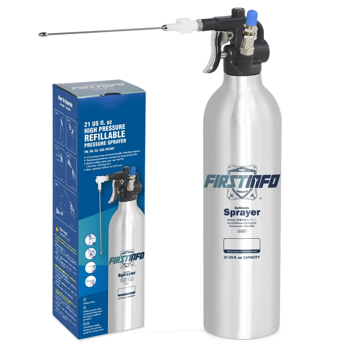 Silver aluminium refillable spray can with adjustable two-way nozzle, 620 cc capacity