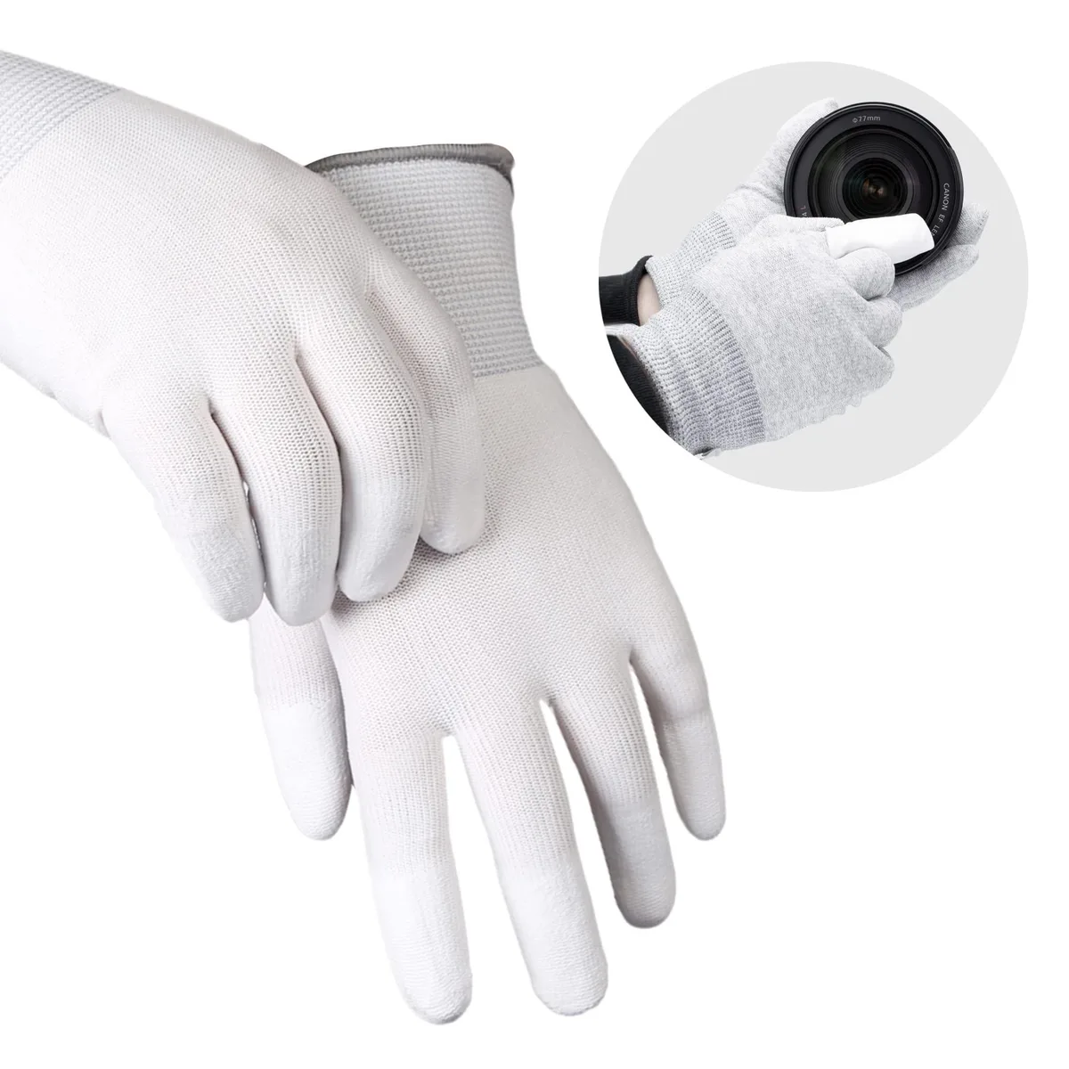 White microfiber camera cleaning glove, one size, anti-static fingertips