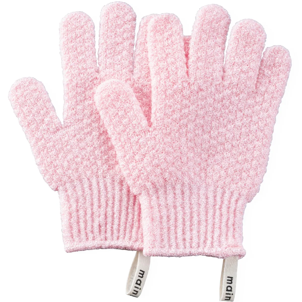 Pink exfoliating bath gloves, heavy-textured nylon, hanging loop