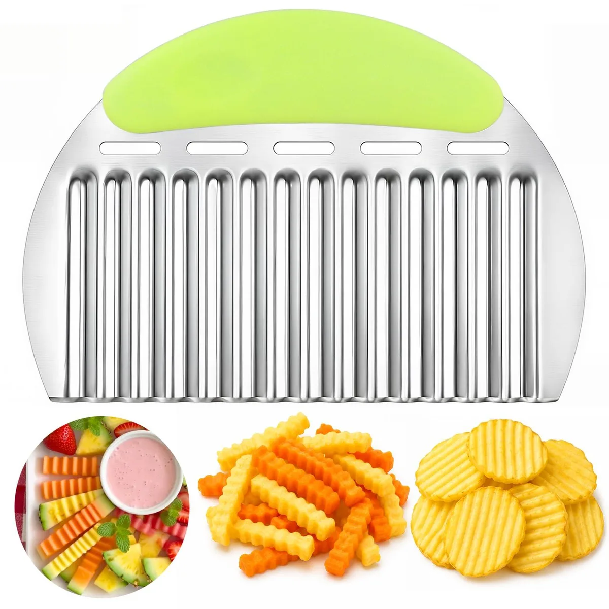 Green stainless steel crinkle cutter with ergonomic handle, 5 x 3 x .9 in