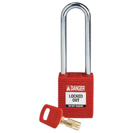 Red nylon rectangular lockout padlock with extended steel shackle