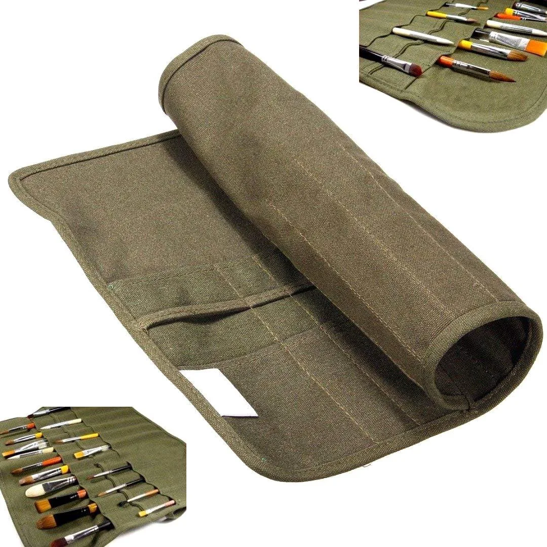 Army green canvas brush roll with 22 slots, rolled closed with strap