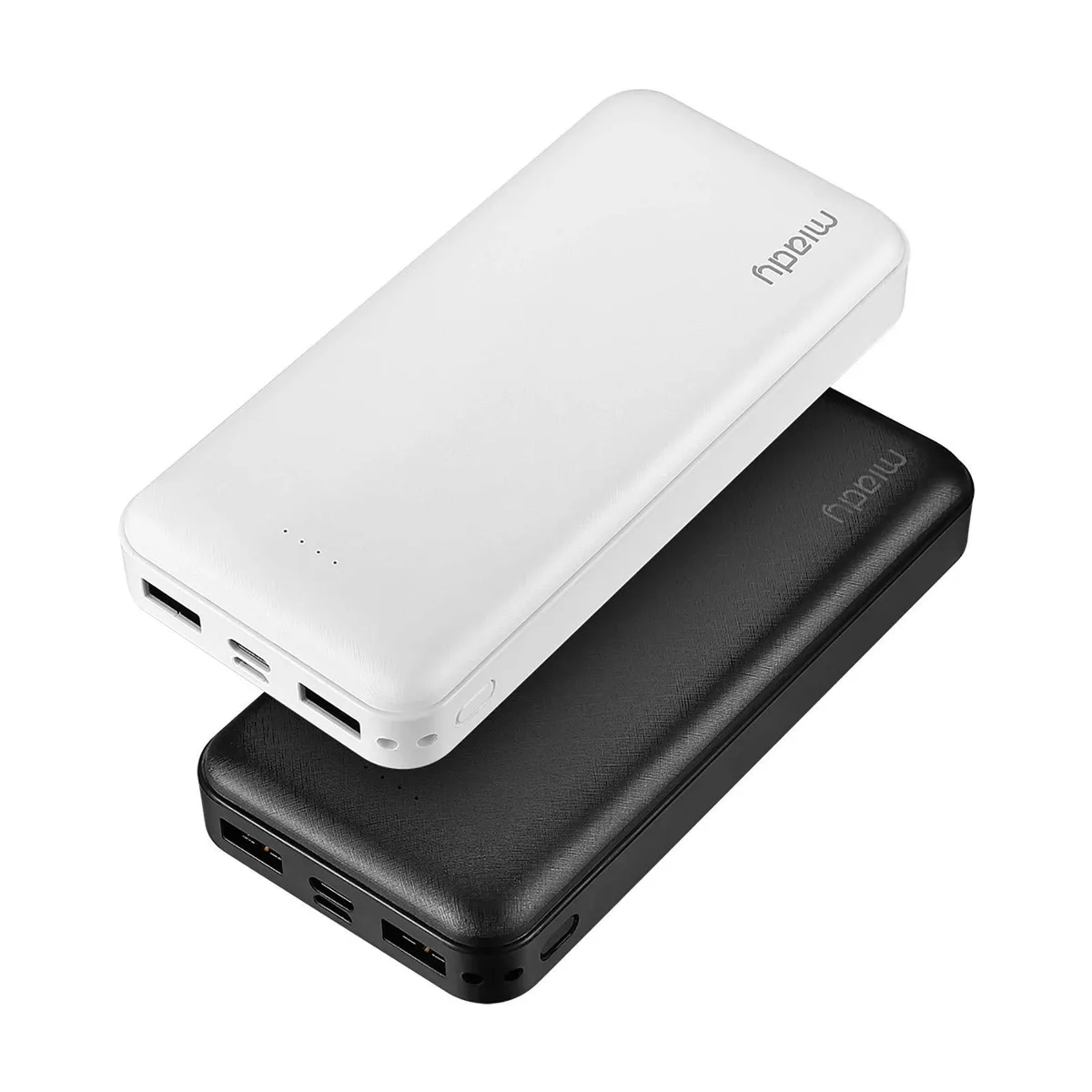 White and black rectangular power bank with rounded edges and four LED indicators