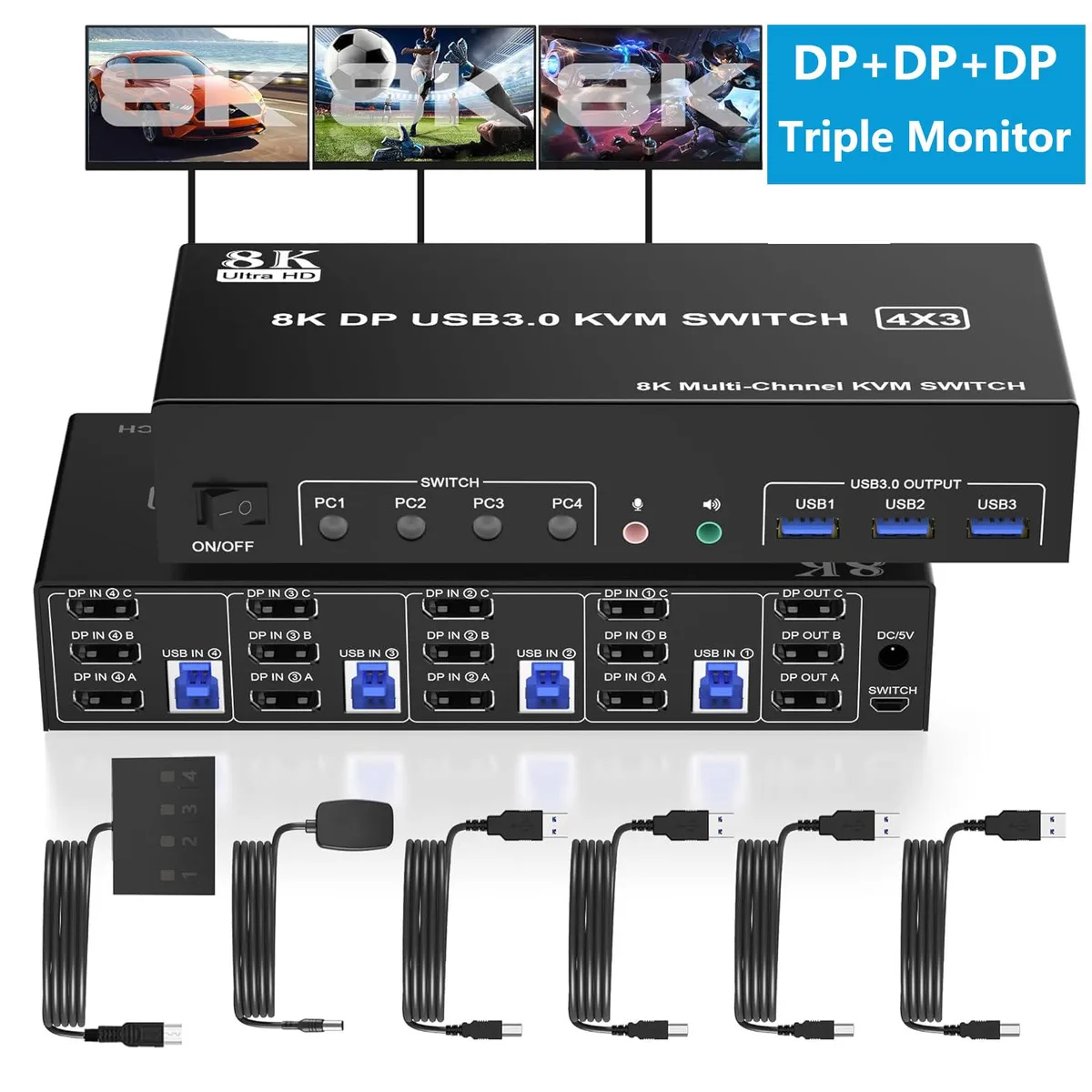 SMA SMA 8K 60Hz DisplayPort Triple Monitor 4-Port KVM Switch with USB 3.0 and Audio — product photo