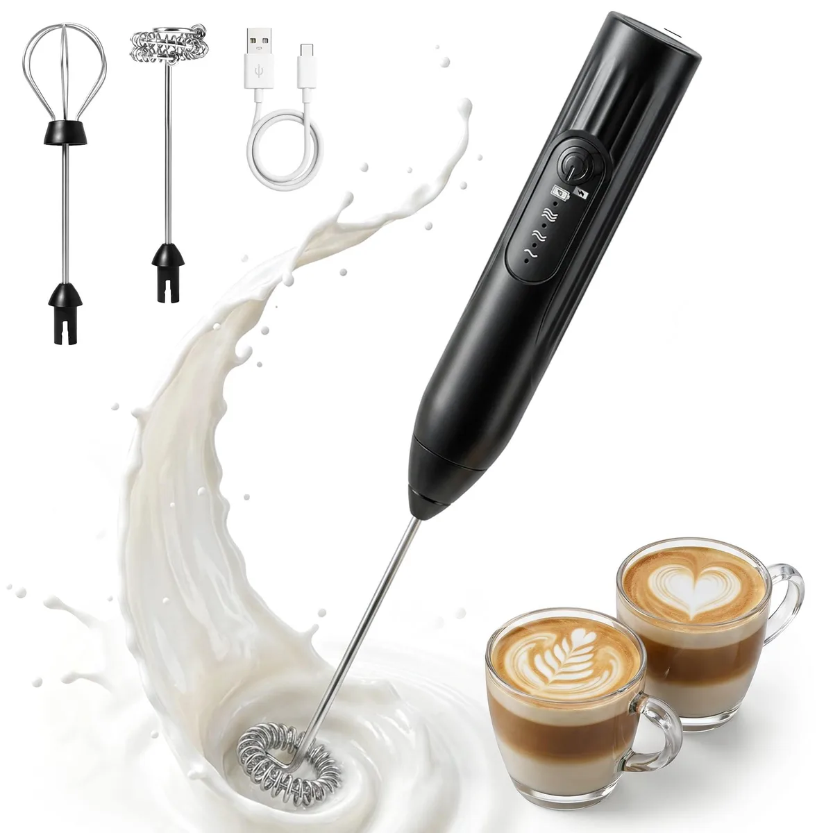 Milk Frother 3-Speed USB-C 2 Whisks 304 Stainless Steel White — product photo