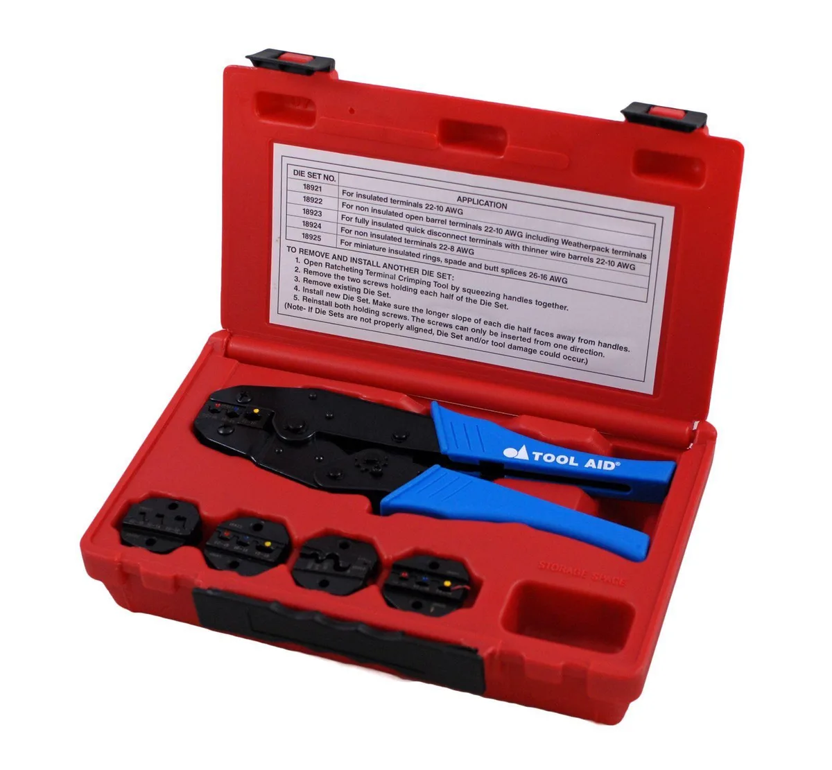 Ratcheting crimping tool with five interchangeable dies in moulded plastic case