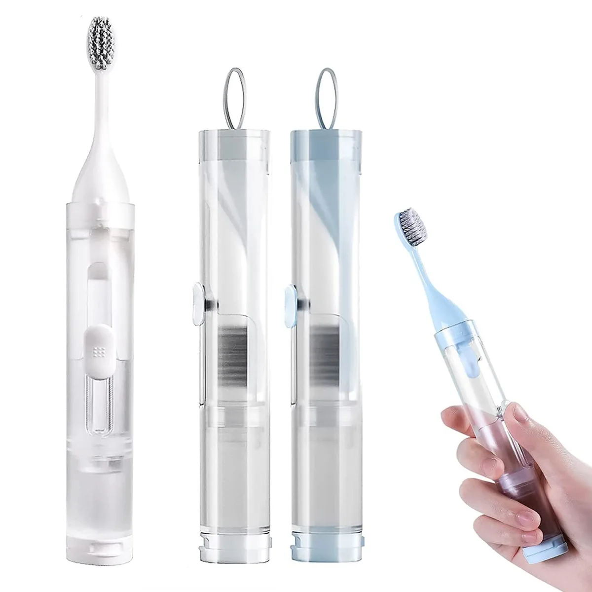 Two white foldable travel toothbrushes with built-in toothpaste containers and extra brush heads