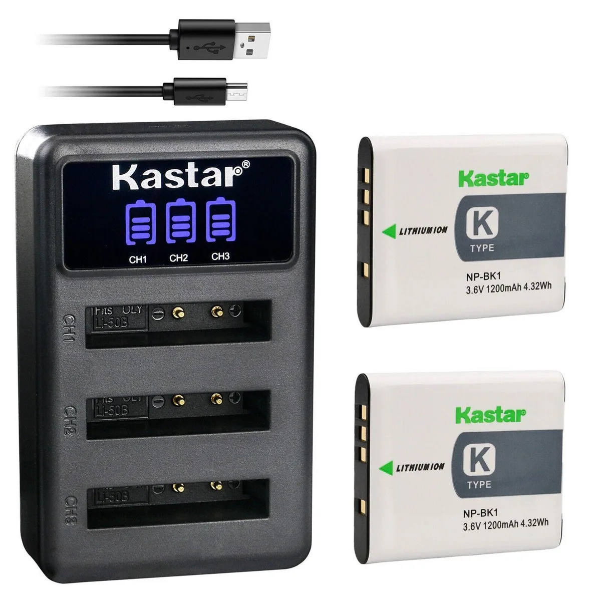 Kastar Kastar NP-BK1 2 batteries + LCD triple USB charger — product photo