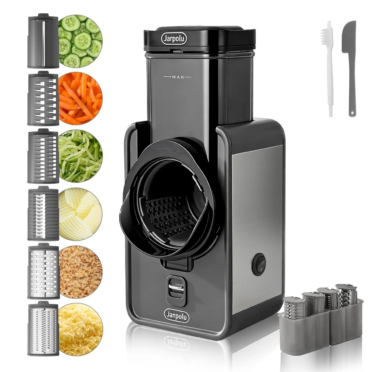 Dark grey electric grater with dual feed tubes and six stainless steel blades