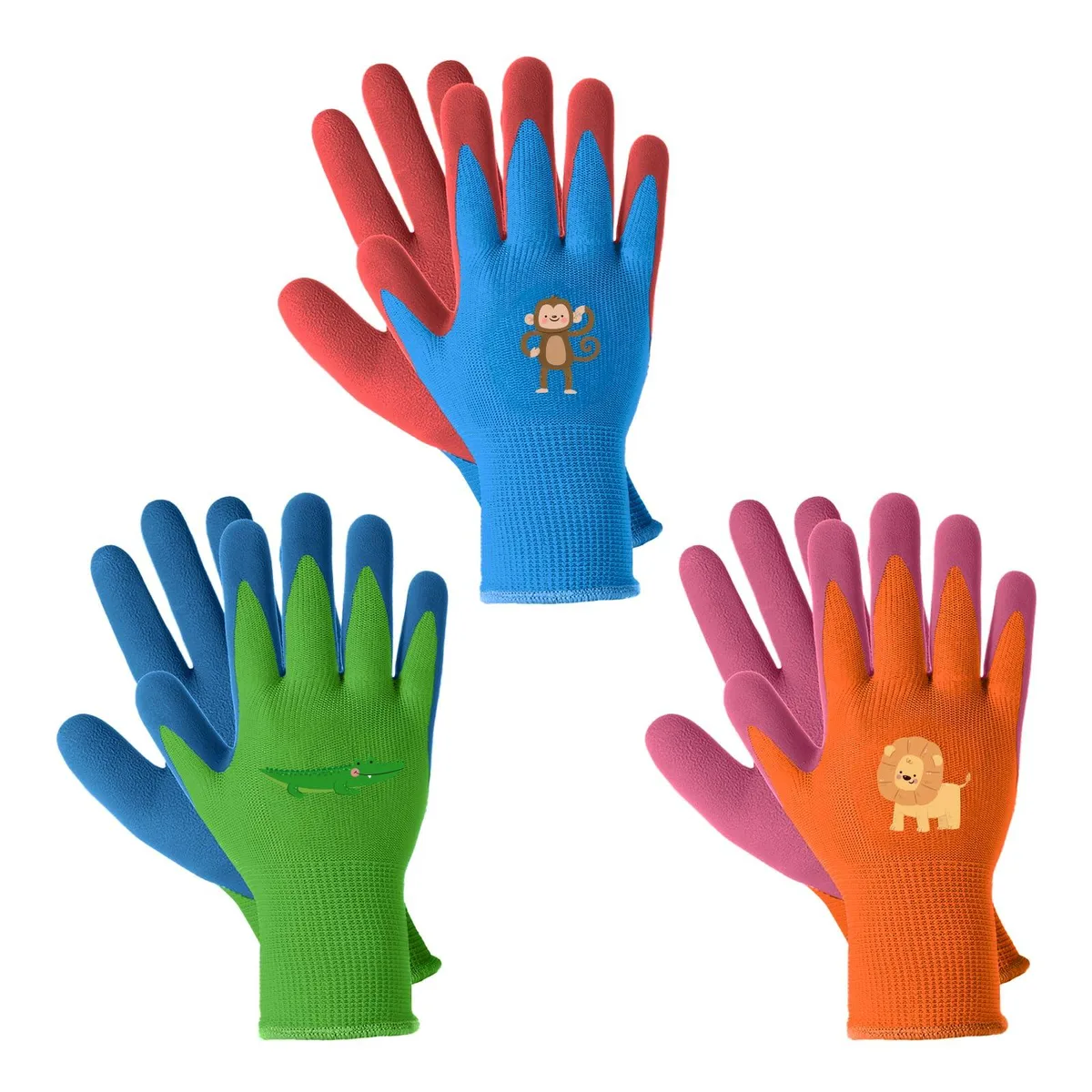 Three pairs of gray acrylic gloves with rubber-coated palms and adjustable wrist straps