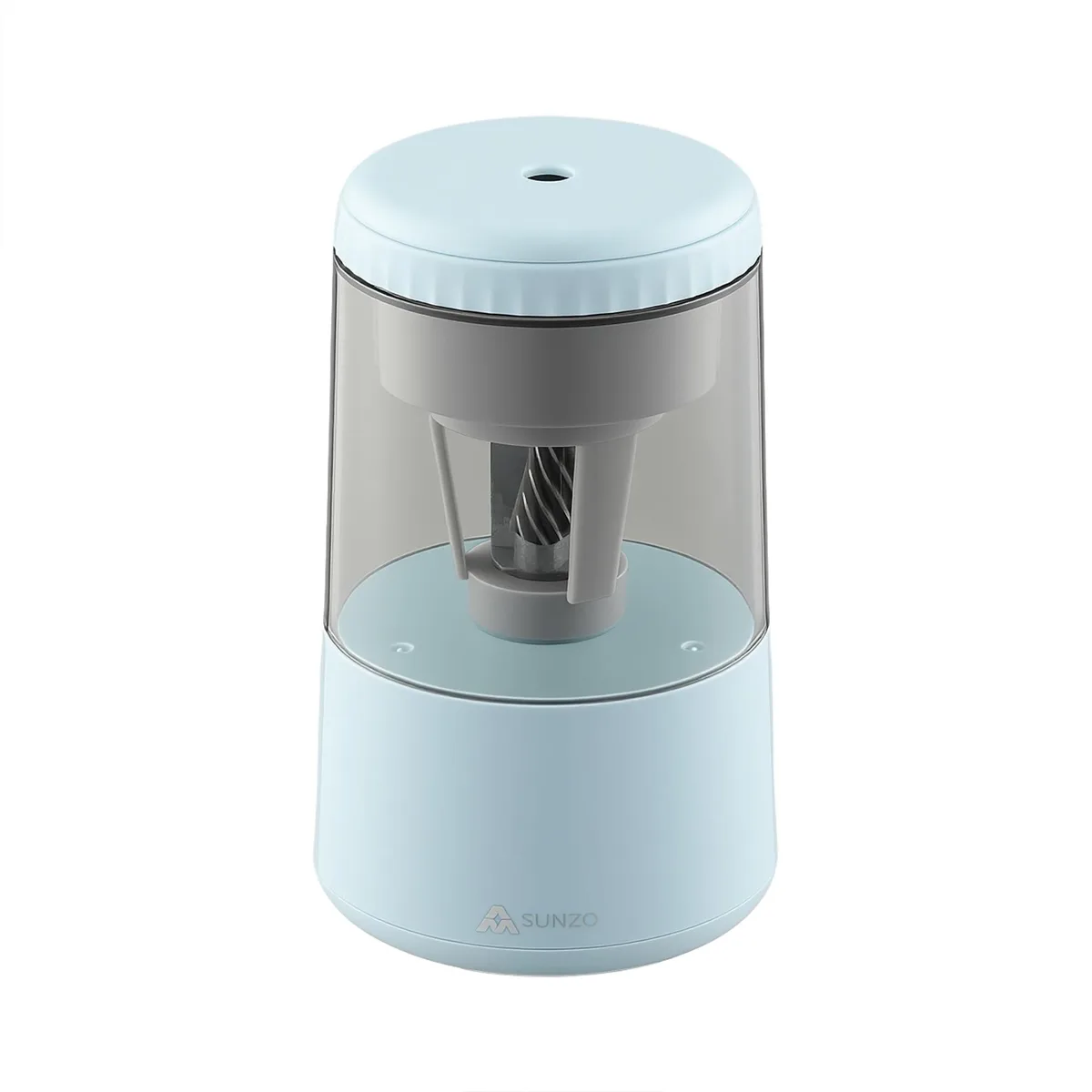 Compact blue plastic electric pencil sharpener with auto feed mechanism