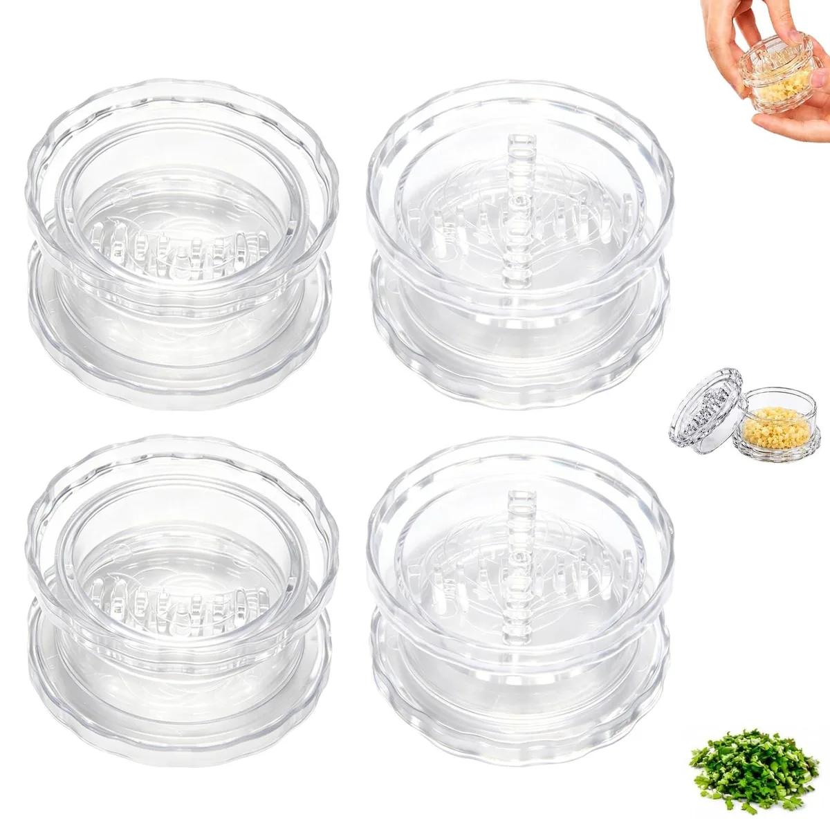 Four clear plastic garlic twisters, 81 mm wide, 41 mm high