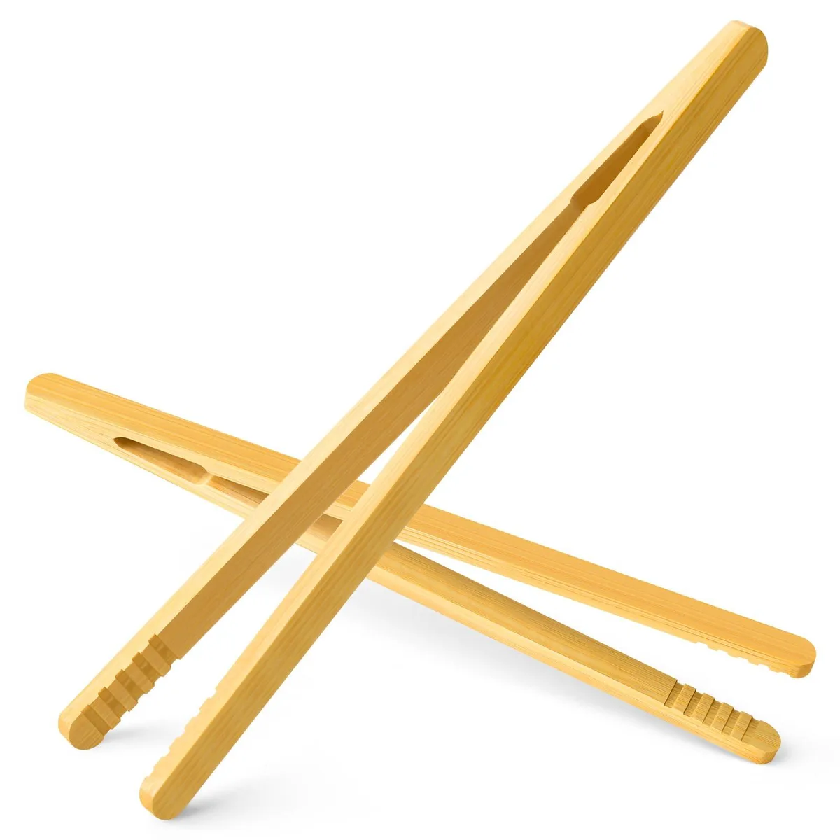 Two light bamboo serving tongs, polished finish, 18.3 cm long